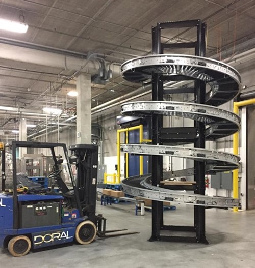 A Doral lift next to a spiral case conveyor system in a plant