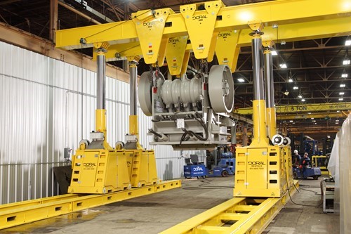 Enerpac gantry cranes transporting a piece of rock crushing equipment in a warehouse plant