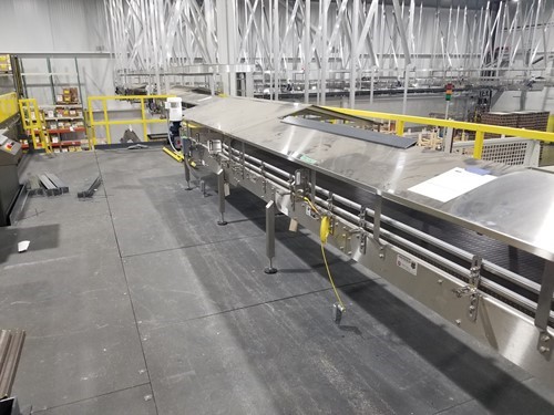 View of a conveyor system in a food processing and packaging plant
