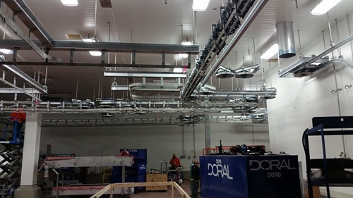 Looking up at an overhead conveyor system in a meat processing plant
