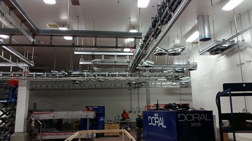 Looking up at an overhead conveyor system in a meat processing plant