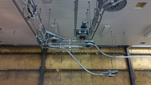 Looking up at an overhead conveyor system in a meat processing plant